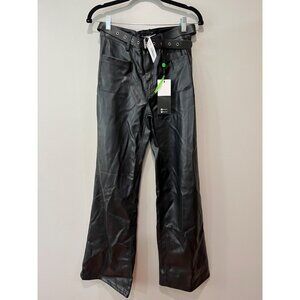 Vibrant Women's Vegan Leather‎ Wide Leg Belted Pants Size 5 W26 Black